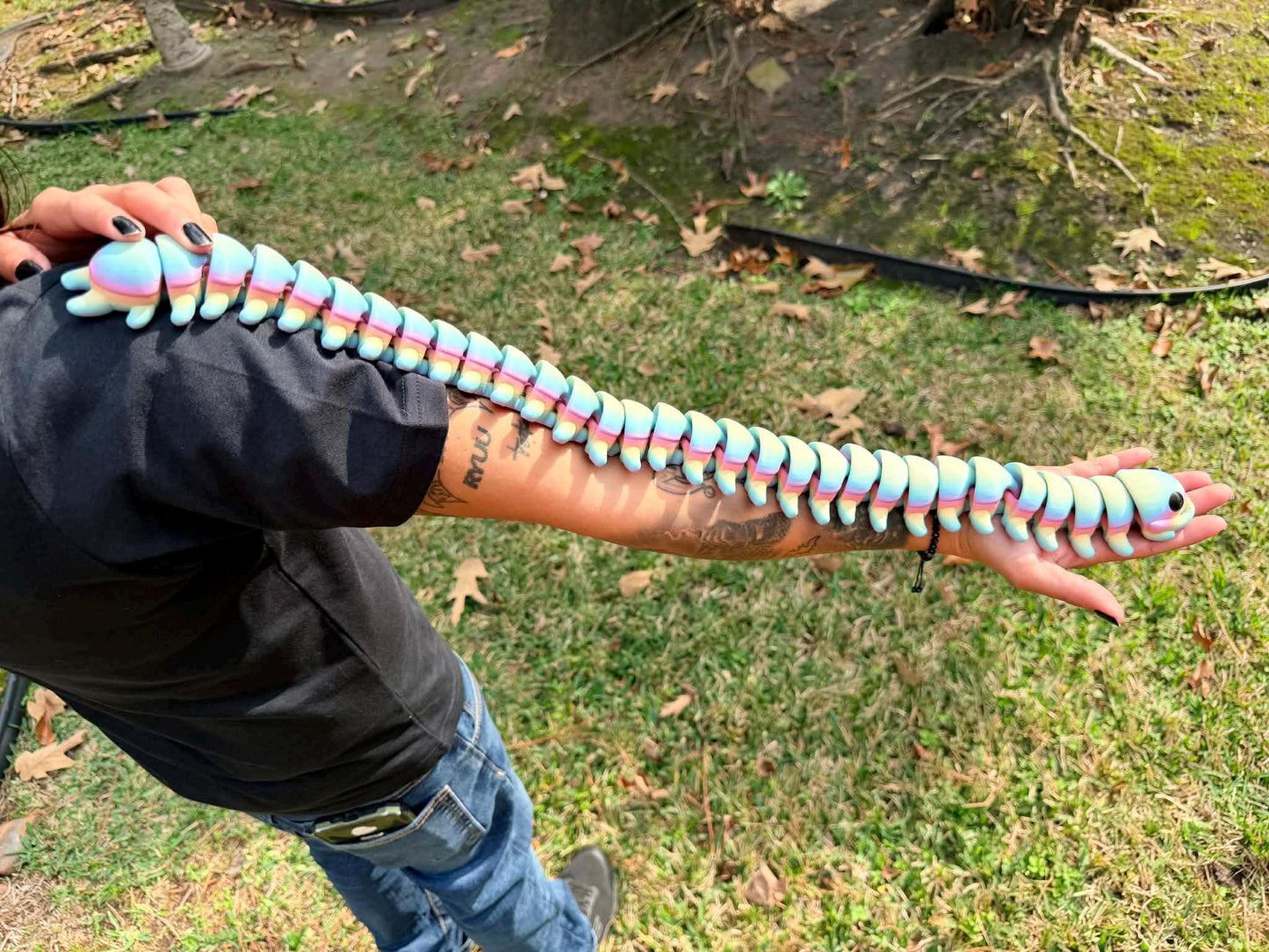 Giant 2ft Articulated Centipede Fidget Toy 3D Printed Matte Rainbow