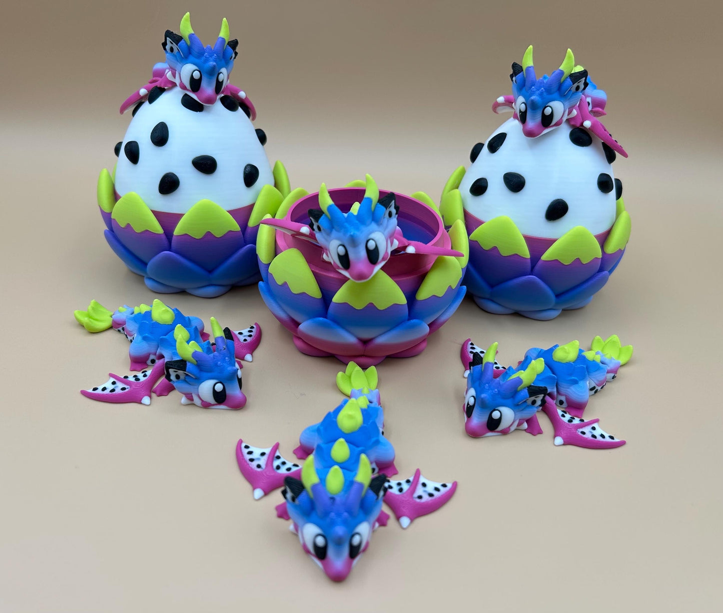 Rainbow Dragon Fruit Egg with Baby Dragon Figurine | 3D Printed Fantasy Collectible