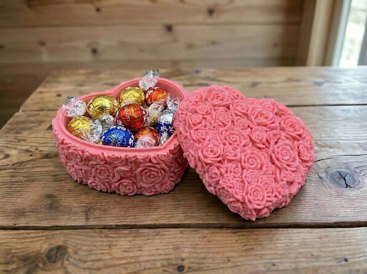 3D Printed Rose Heart Box, Textured Jewelry Storage, Red or Pink Keepsake Container