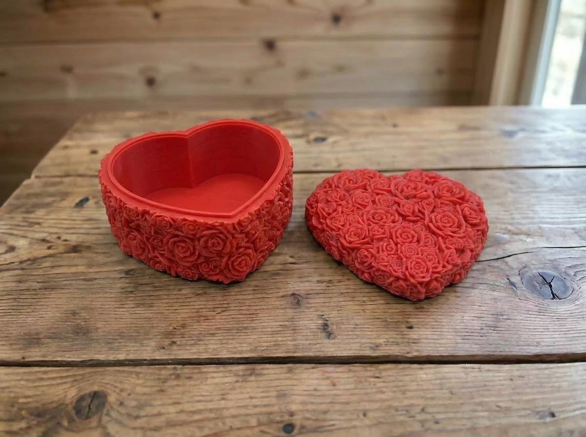 3D Printed Rose Heart Box, Textured Jewelry Storage, Red or Pink Keepsake Container