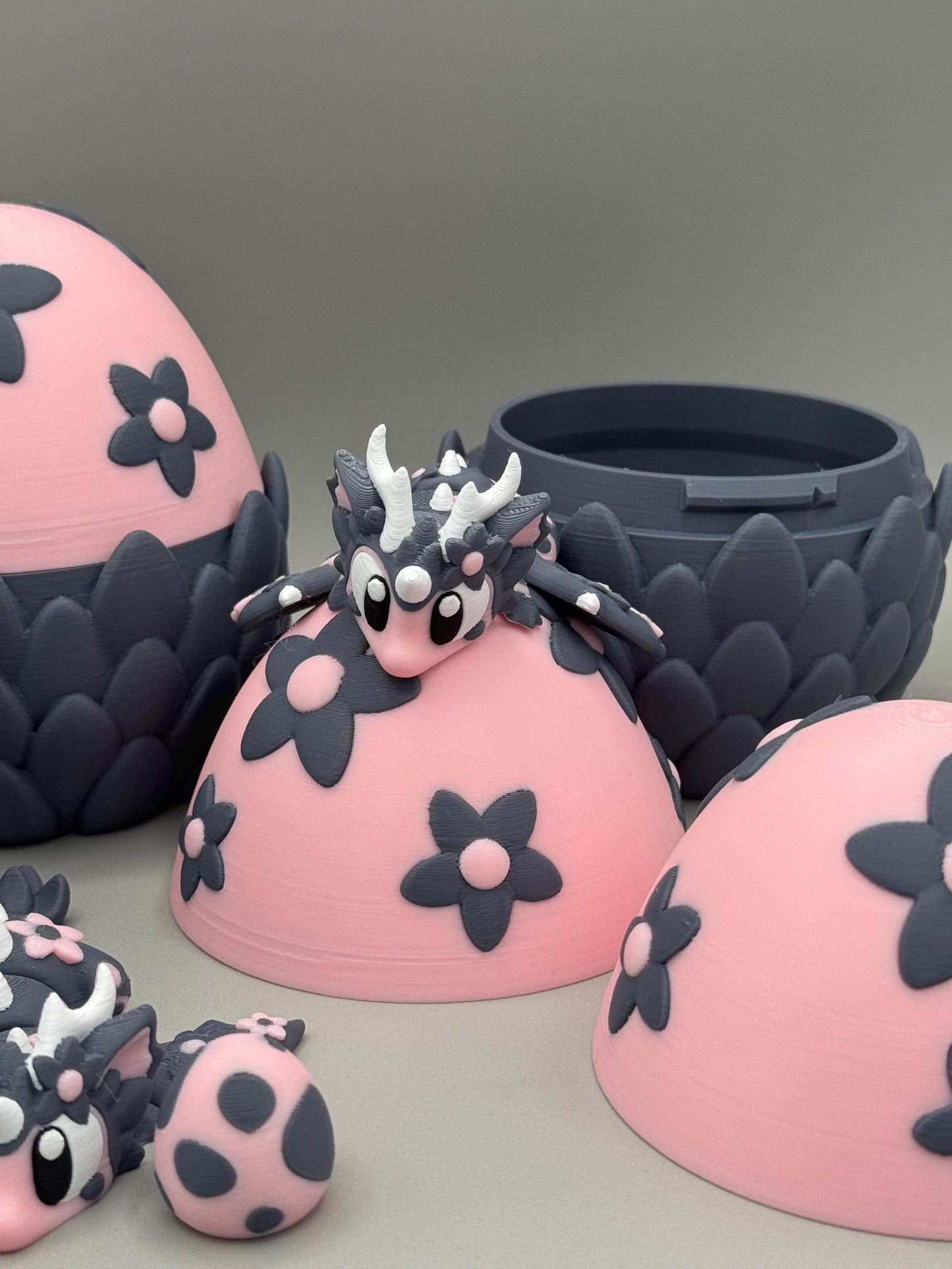 3D Printed Dragon Egg with Mini Articulating Flower Dragon