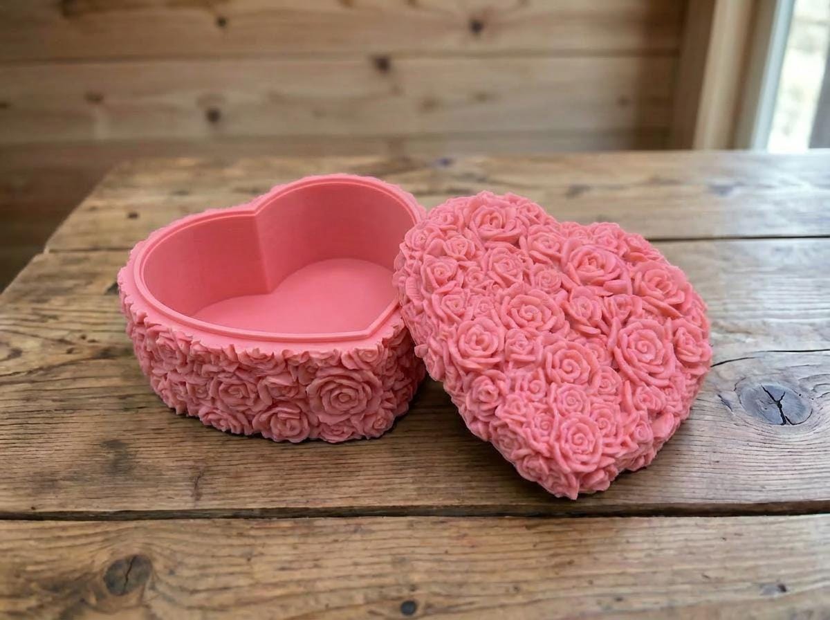 3D Printed Rose Heart Box, Textured Jewelry Storage, Red or Pink Keepsake Container