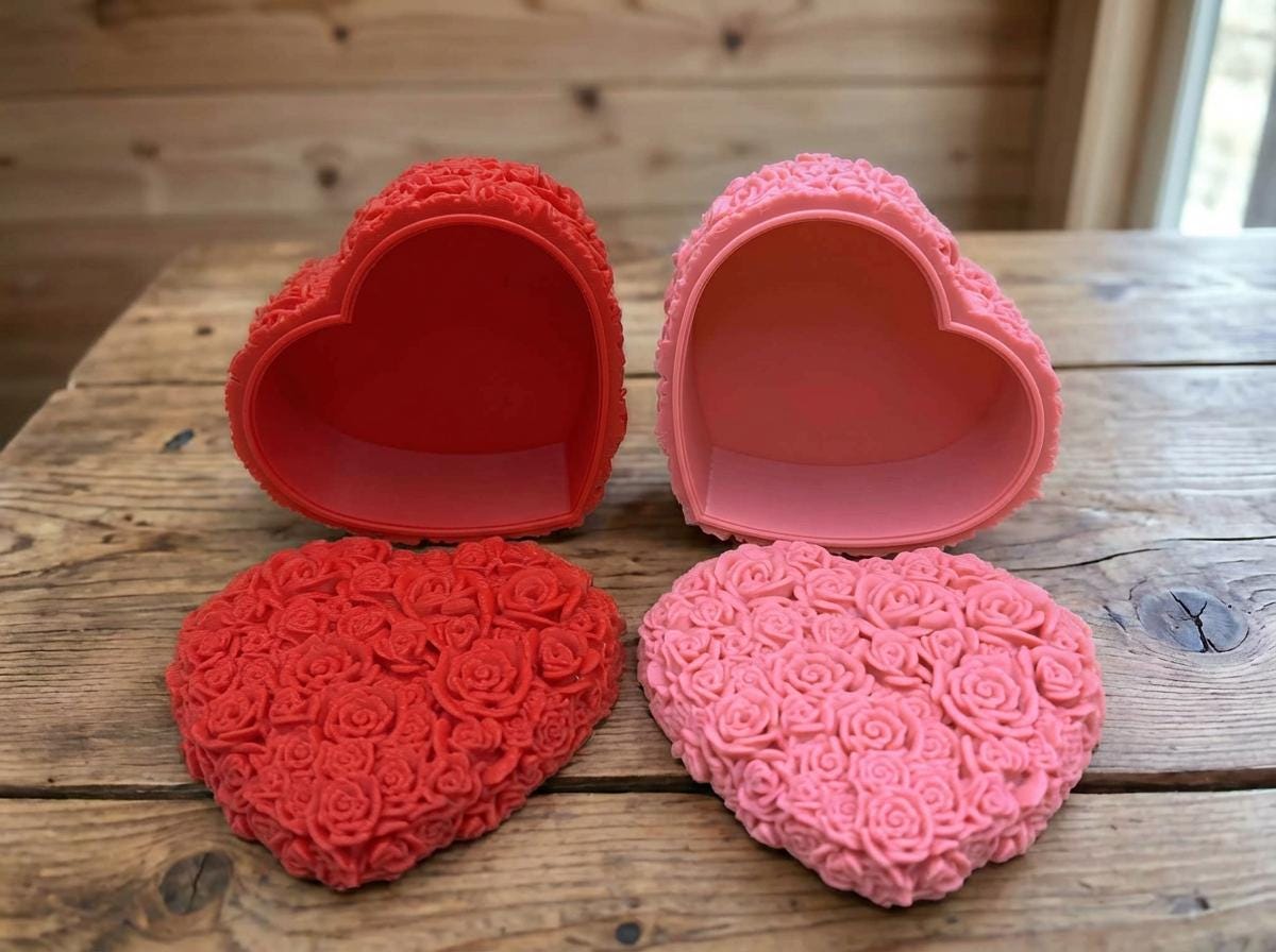 3D Printed Rose Heart Box, Textured Jewelry Storage, Red or Pink Keepsake Container